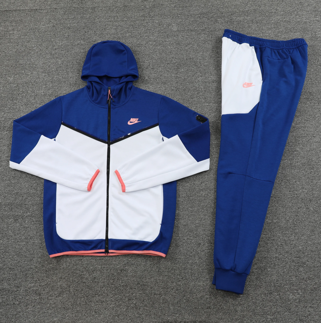 Nike Tech Fleece Full Zip Hoodie، أزرق أبيض، مجموعة كاملة